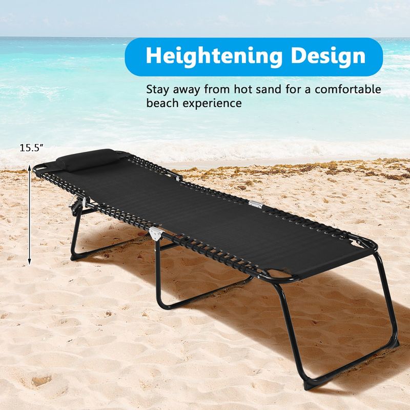 Costway Folding Beach Lounge Chair Heightening Design Patio Lounger w/ Pillow Black\Grey, 4 of 10
