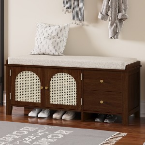 TIRAMISUBEST Shoe Storage Bench,Vintage Shoe Bench with Storage and Cushion, Shoe Bench with 2 Drawers and 2 Rattan Door - 1 of 4