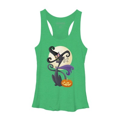 Women's Design By Humans Bewitching Black Halloween Kitty Cat By LittleBunnySunshine Racerback Tank Top