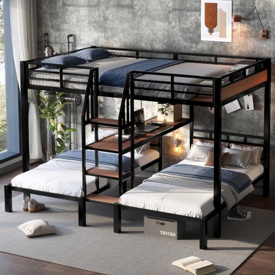 Lycvki Black Metal Bunk Bed with Storage Shelves and Stairs