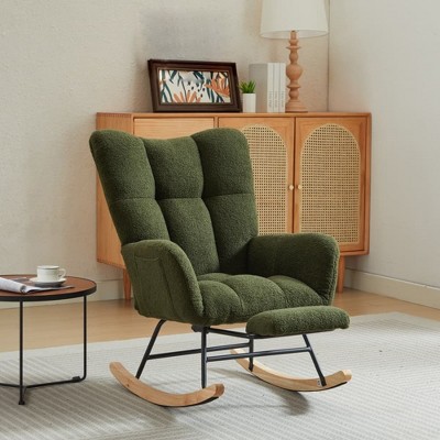 Image of Nursery Rocking Chair with Foot Rest, Upholstered Glider Chair with High Backrest, Reading Chair with Pocket for Living Room Bedroom Office Dark Green