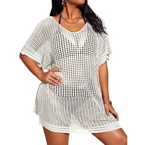 Plus Size Crochet Bikini Cover Ups Lightweight Swimsuits Cover Ups Deep V Neck Hollow Out Beach Cover Ups Swimwear Beachwear - 1 of 4