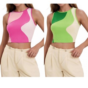 INSPIRE CHIC Women's Color Block Summer Crew Neck Ribbed Sleeveless Crop Going Out Tank Tops 2 Packs - 1 of 4