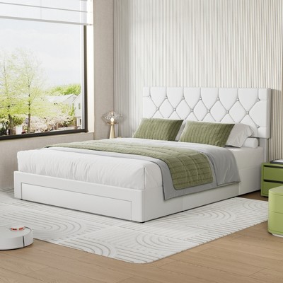 VECELO Queen/Full/Twin Size Bed Frame Leather Upholstered Platform Bed with Drawers and Headboard, Black/White