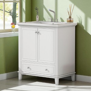 30" Freestanding Bathroom Vanity with Sink, White Solid Wood & MDF Cabinet with Drawer, Adjustable Shelf, Ceramic Top - 1 of 4