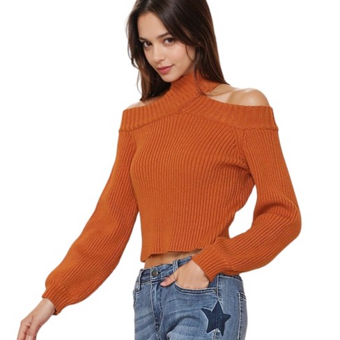 Anna kaci Women s Turtleneck Cold Shoulder Cropped Long Sleeve Sweater Target