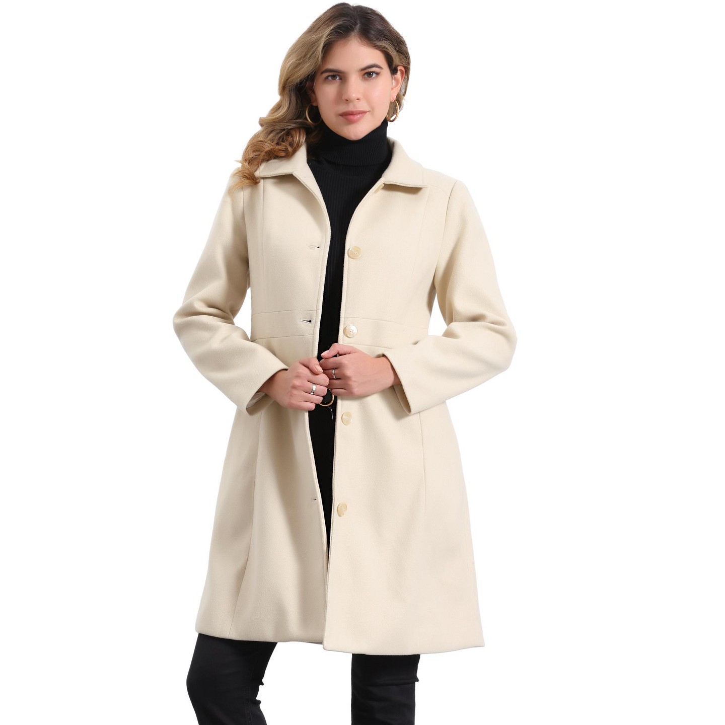 Женская куртка Allegra K Lapel Button Down Single Breasted Long Sleeve Elegant Winter Pea Coat Small Beige, цвет: Бежевый — фото 1