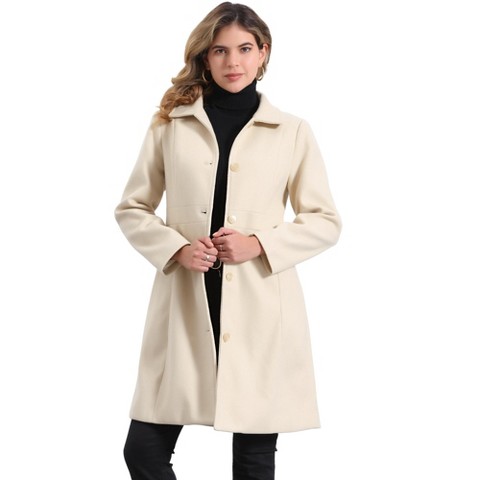 Allegra K Women's Lapel Button Down Single Breasted Long Sleeve Elegant Winter Pea Coat Small Beige
