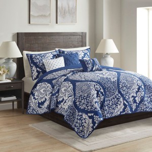 Sapphtopaz 6 Piece Full/Queen Comforter Set Bedding Set Damask Plant Print Pattern with Solid Color Back Reversible Cotton Quilt Set - 1 of 4