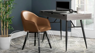 Matte Black Metal and Gray Leather Swivel Accent Chair