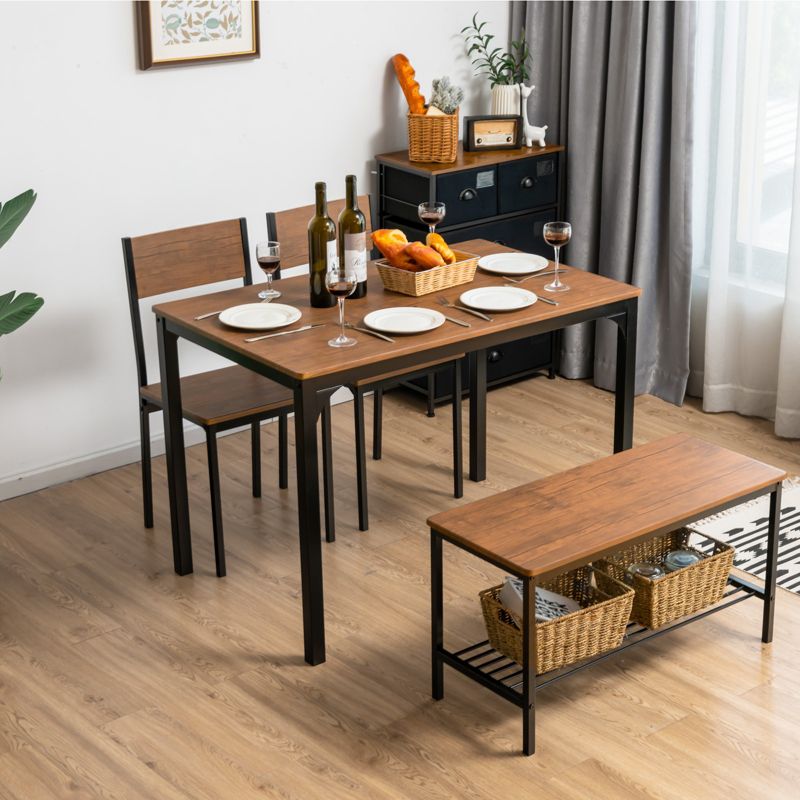 Tangkula 4PCS Dining Table Set Kitchen Table with Bench and Chairs Industrial Gathering Bench Dining Set Brown/Grey, 2 of 8