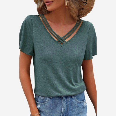 Amaryllis Women’s Crisscross Strap Detail Knit Tee Short Sleeve Relaxed Fit Lightweight