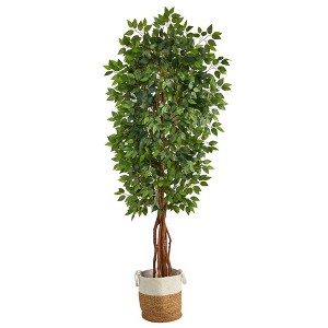 Nearly Natural 7.5-ft Artificial Deluxe Ficus Tree with Handmade Jute & Cotton Basket - 1 of 4