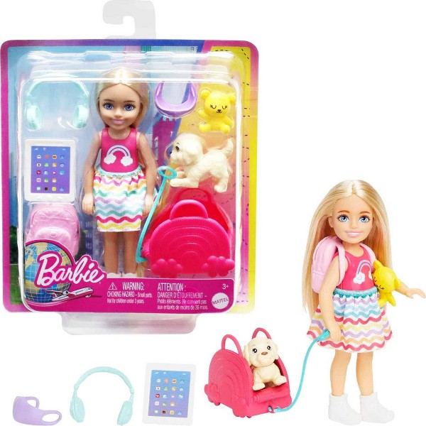 Muñeca Chelsea y Set de Viaje con Accesorios y Cachorro, Juguete Barbie
