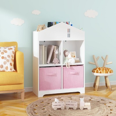 Acekool Kids Dollhouse Bookcase with Storage, 2-Tier Organizer and 2 Fabric Drawers, Toddler Bookshelf for Bedroom, Playroom, White+Pink