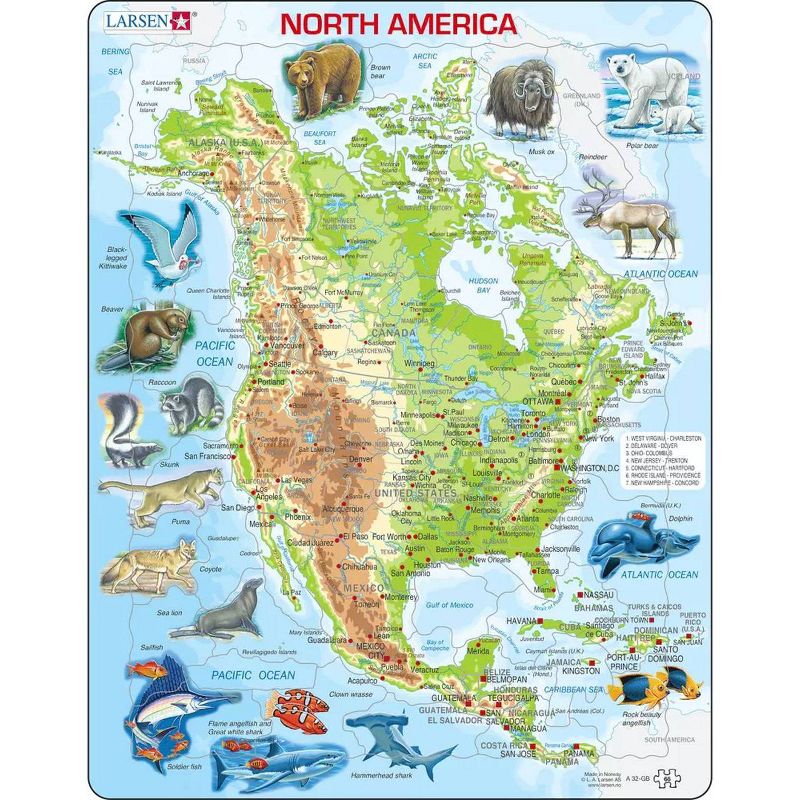 Larsen Puzzles North American Map with Animals Kids Jigsaw Puzzle - 66pc, 1 of 6