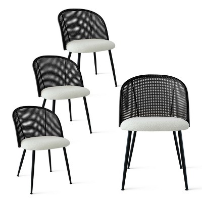 Jules Mesh Rattan Backrest Dining Chair Set of 4 with Black Metal Base,Armless Kitchen Chairs with Upholstered Bouclé Fabric-Maison Boucle