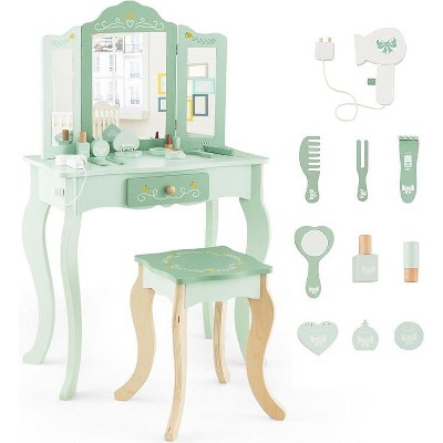 Costzon Kids Vanity Set, 2-in-1 Makeup Table & Chair with Tri-fold Mirror, Toddler Vanity with Drawer & Accessories, Pretend Play Set (Green)