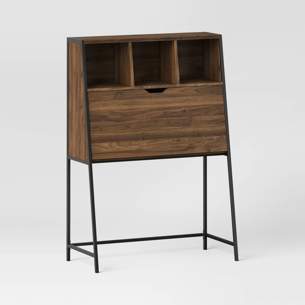 Photos - Office Desk Loring Secretary Desk with Hutch and Charging Station Walnut - Threshold™