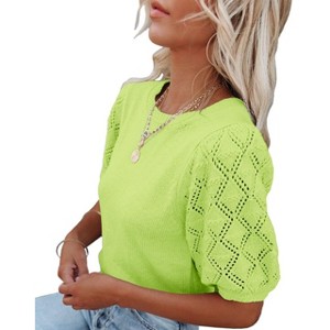 Women's Round Neck Short Sleeve Sweater Summer Casual Puff Sleeve Pullover Knit Top - 1 of 3