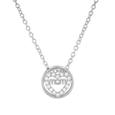 Steeltime Ladies brass simulated diamonds round "Mom" pendant. Color Options: White, Gold