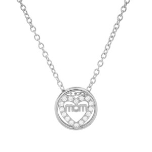 Steeltime Ladies brass simulated diamonds round "Mom" pendant. Color Options: White, Gold - 1 of 4