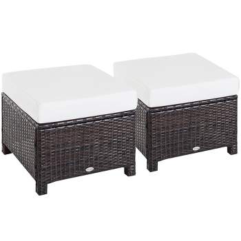 Outsunny 2 Pc 20" Outdoor PE Rattan Wicker Ottoman, Fade-Resistant Patio Footrest with Soft Cushion, Steel Frame, Dark Brown, White