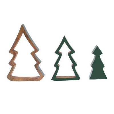 Nested Green and Brown Wooden Christmas Tree Figurine Set