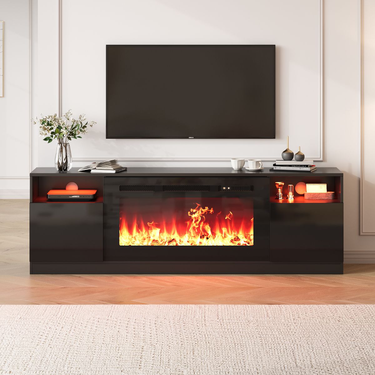 Modern 70" Electric Fireplace TV Stand, 36" Heater, 12 LED Flames, 2‑Tier Entertainment Center, Fits 80" TV, Black Glossy Media Console with Storage - thumbnail 3