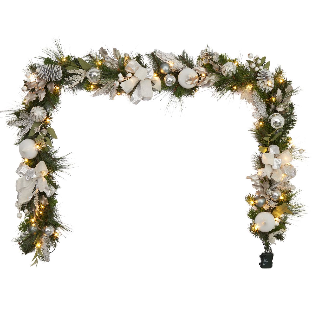 9 Ft Prelit Christmas Garland, Battery Operated Xmas Garland with Lights Silver White Ball Ornaments Pine Cones for Fireplace Door Stairs Railing - thumbnail 6