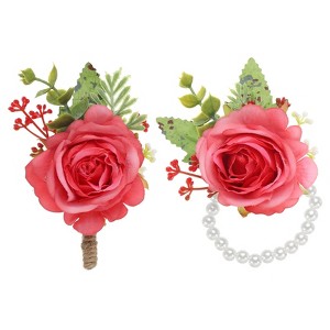 Unique Bargains Fabric Artificial Wedding Rose Flowers Wrist Corsage and Boutonnieres 2 Pcs - 1 of 4