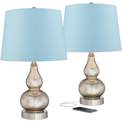 360 Lighting Country Cottage Table Lamps Set of 2 with USB Charging Port Mercury Glass Blue Hardback Drum Shade for Living Room