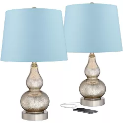 360 Lighting Country Cottage Table Lamps 22" High Set of 2 with USB Charging Port Mercury Glass Blue Hardback Drum Shade for Living Room Desk