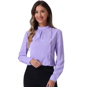 Allegra K Women's Elegant Stand Collar Long Sleeve Button Decor Office Blouse - 1 of 4