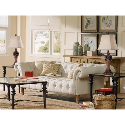 Exeter Bronze Wood-Tone Traditional Table Lamp Set with Creme Shade