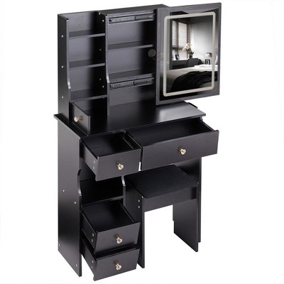 NicBex Makeup Vanity Desk with Left Drawers & Cushioned Stool,Wood Makeup Table with Sliding Mirror for Bedroom