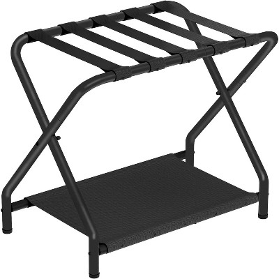 MaseiKar Luggage Rack, Folding Suitcase Stand with Fabric Storage Shelf for Guest Room, Bedroom, Hotel, Space Saving, Black