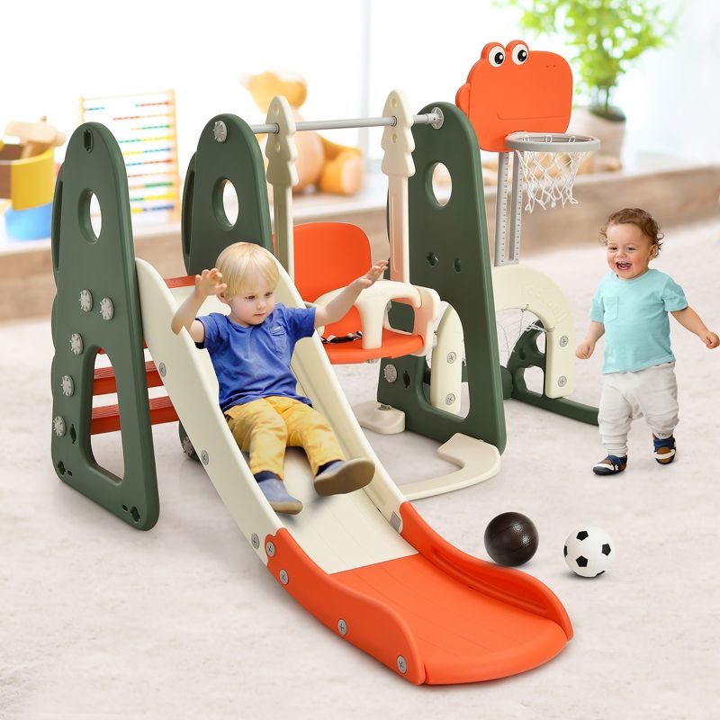 Costway 6 in 1 Toddler Slide and Swing Set Climber Playset w/ Ball Games White\Orange, 2 of 11