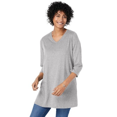 Woman Within Plus Size Perfect Three-Quarter Sleeve V-Neck Tunic