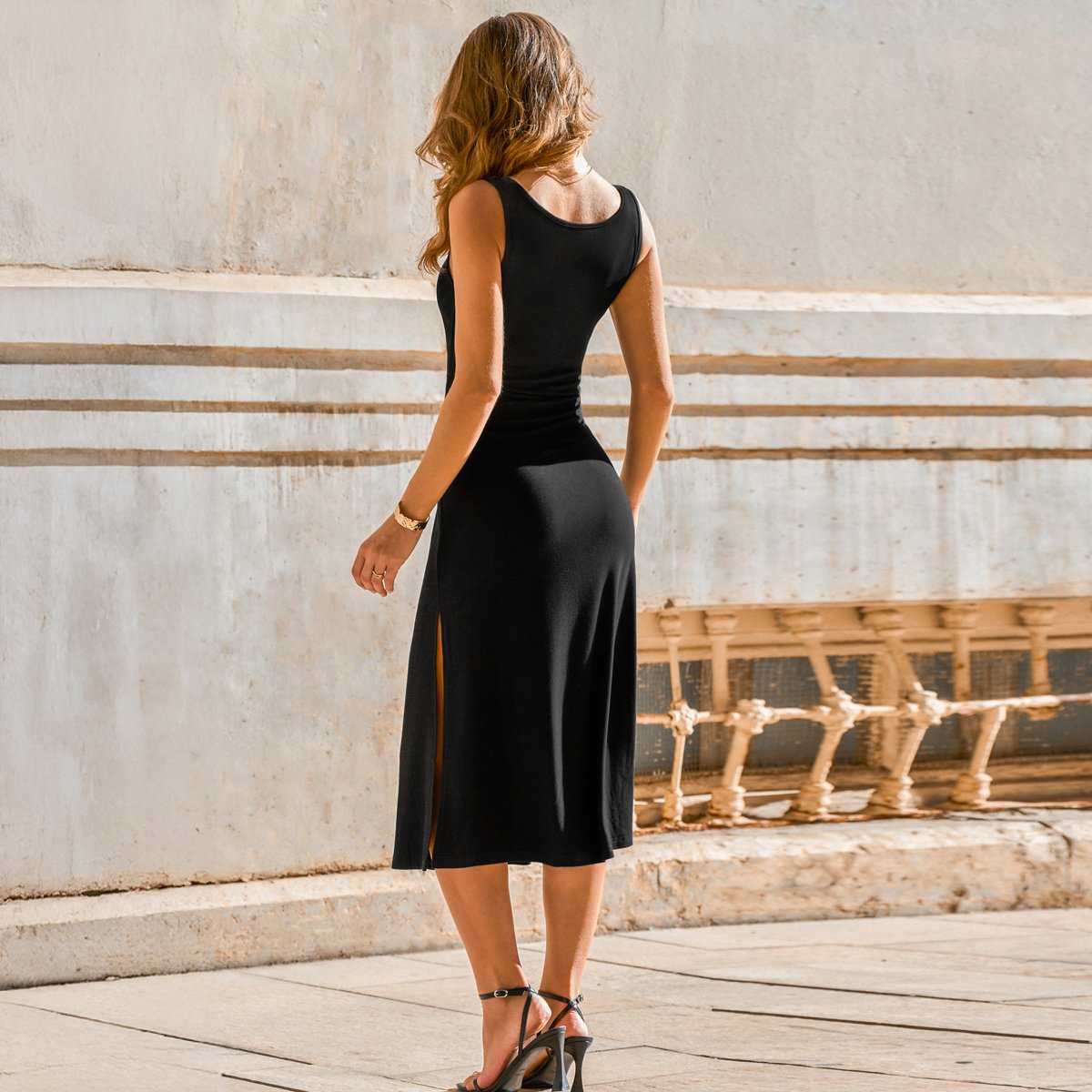 Женские платья Cupshe Women's Elegant Black Satin Midi Dress with Side Slit-S-Black — фото 4
