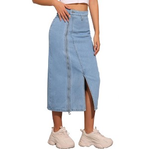 INSPIRE CHIC Women's Denim Zipper Front Split Long Skirt with Pockets - 1 of 4