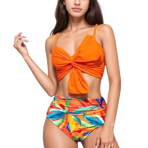 Anna-Kaci Swim Women's Knot Front Bikini Top and High Waist Abstract Print Bottom Two-Piece Swimsuit - 1 of 4