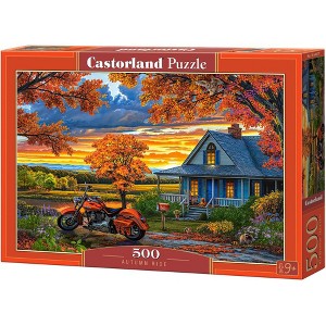 500 Piece Jigsaw Puzzle, Autumn Ride, Motorcycle and a sky ablaze with sunset colors, Classic America, Adult Puzzle, Castorland B-54077 - 1 of 4