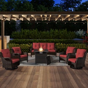 6 Pieces Wicker Patio Furniture Set with Propane Fire Pit Table, All Weather Wicker Patio Set with Square Fire Pit Table and Swivel Patio Chair - 1 of 4