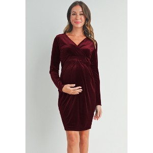 Hello Miz Women's Long Sleeve Velvet V Neck Wrap Maternity Dress - 1 of 4