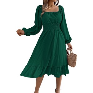 Women's Spring Summer Fall Long Sleeve Square Neck Smocked Waist Casual Vacation Tiered Flowy Midi Dress - 1 of 1