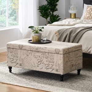 Kumasinova 42"Stylish French Script Fabric End of Bed Ottoman Bench with Storage for Bedroom&Living Room,Vintage Accent Bench,300lbs Max,Beige - 1 of 4