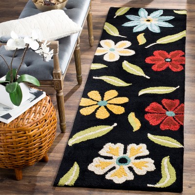 Handmade Black Floral Wool Runner Rug 2'3" x 6'