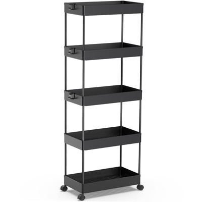 YIGII  5-Tier Rolling Cart, Bathroom Storage Organizer Utility Cart, Mobile Shelving Unit Slide Out Shelves for Kitchen Living Room，Black