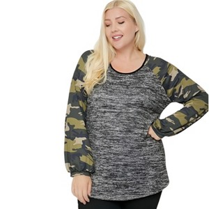 Slickblue Stylish & Fashionable Two-Tone Color Top - Cheetah/Camo Print Bubble Sleeves, 1XL-3XL, Comfortable Fit - 1 of 3